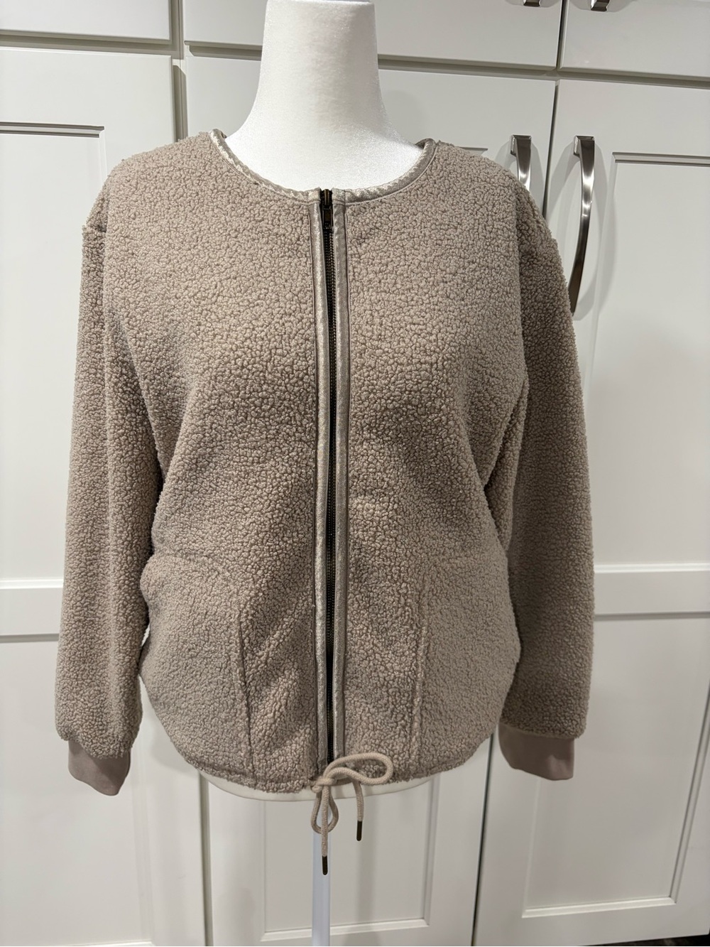 Banana Republic Taupe Fuzzy Crew Neck Zip Jacket